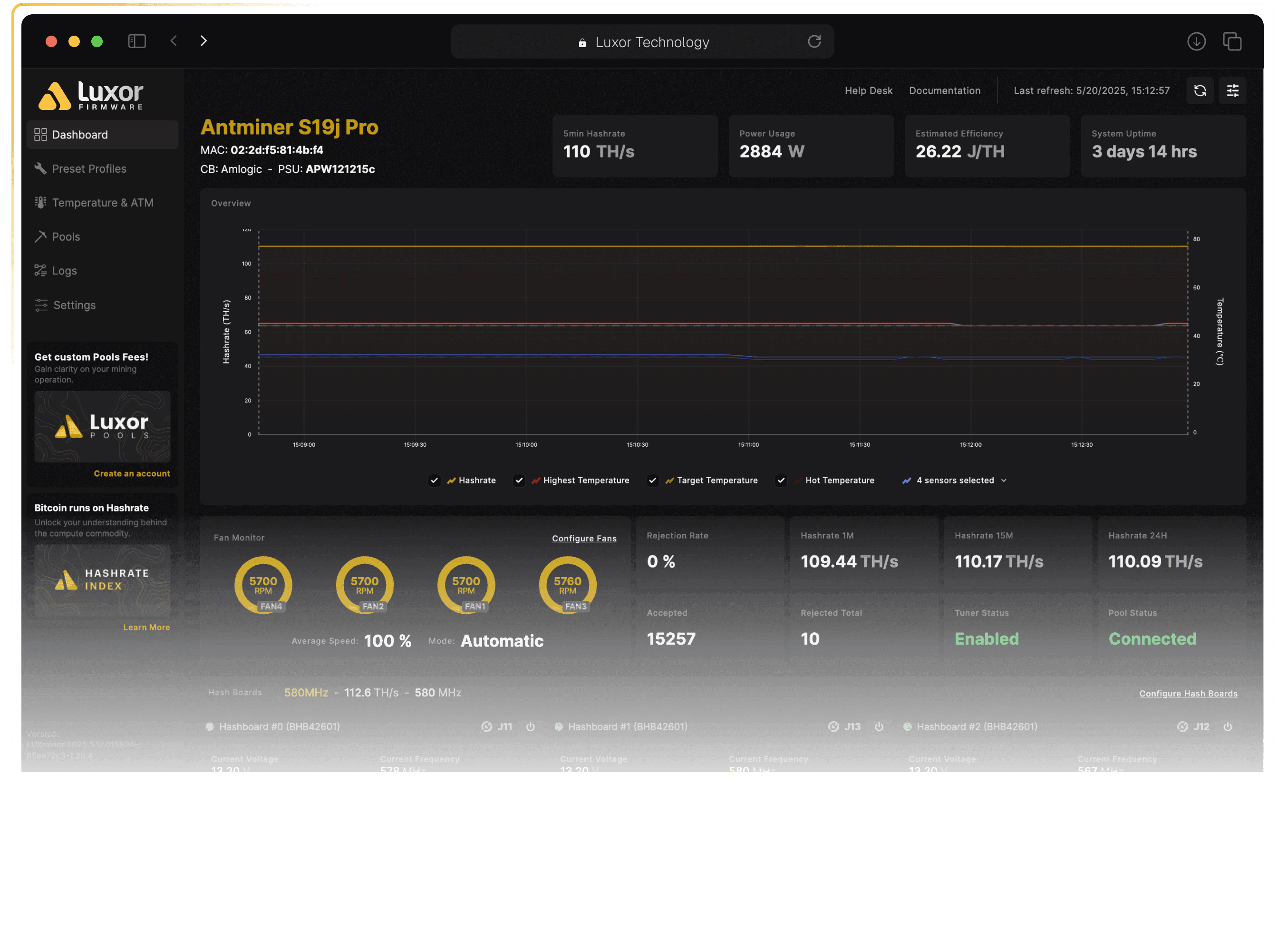 LuxOS firmware dashboard