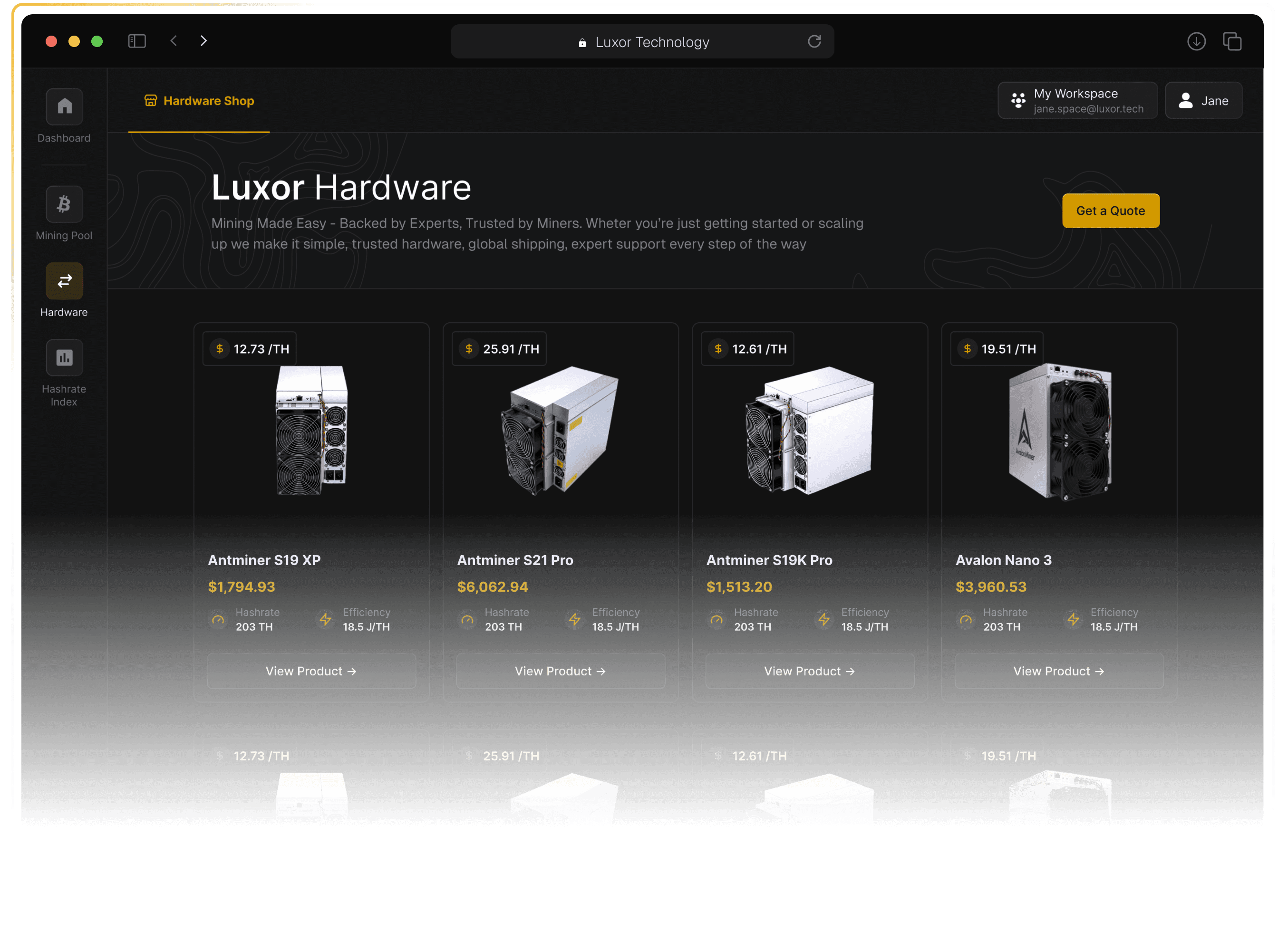 Luxor Hardware marketplace dashboard